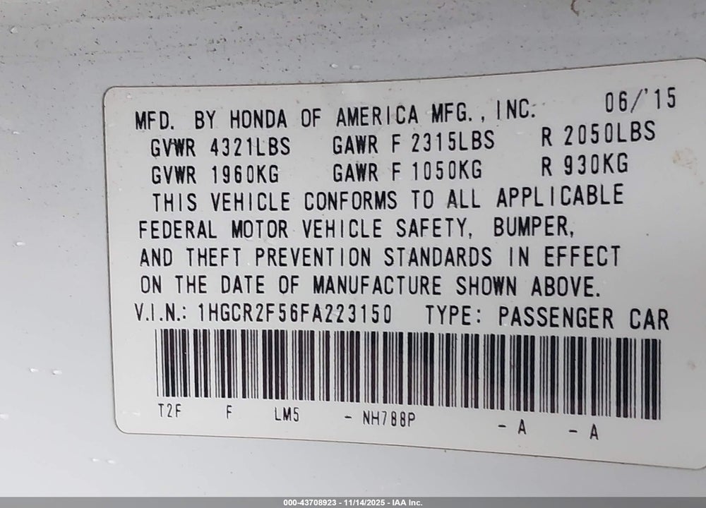 2015 HONDA ACCORD SPORT VIN: 1HGCR2F56FA223150