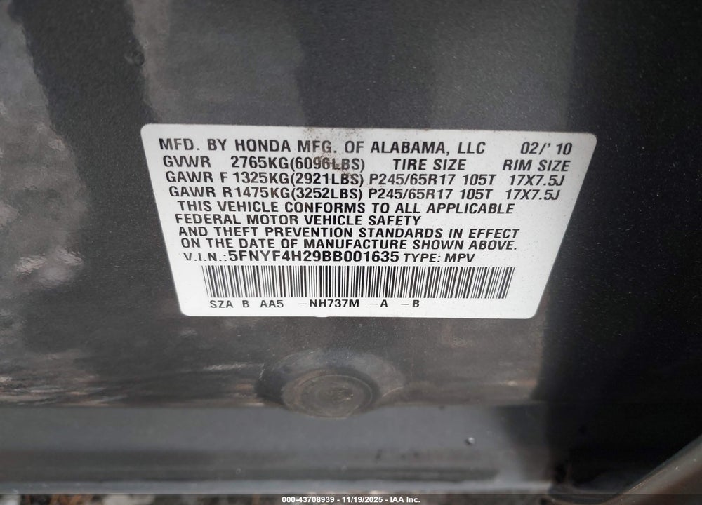 2011 HONDA PILOT LX VIN: 5FNYF4H29BB001635