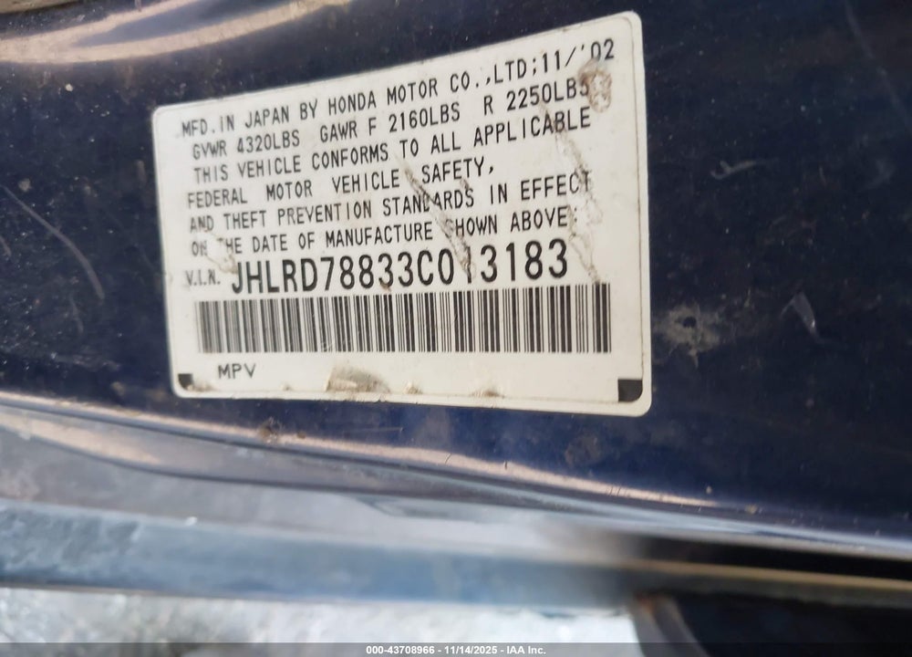 2003 HONDA CR-V EX VIN: JHLRD78833C013183