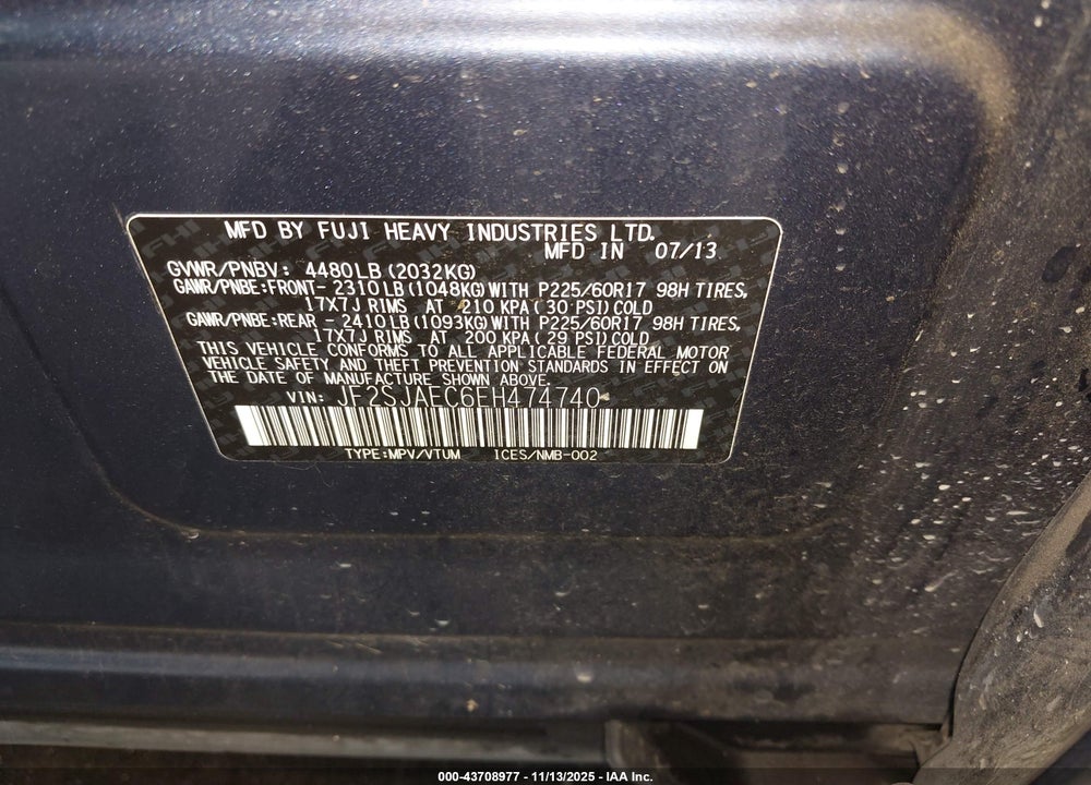 2014 SUBARU FORESTER VIN: JF2SJAEC6EH474740