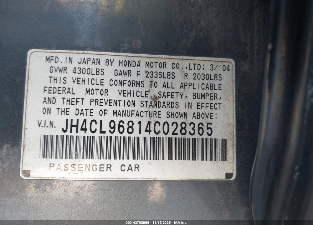 2004 ACURA TSX VIN: JH4CL96814C028365