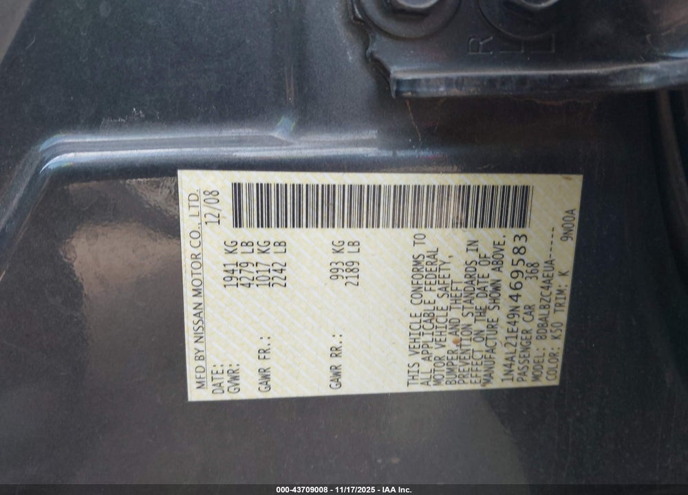 2009 NISSAN ALTIMA 2.5 S VIN: 1N4AL21E49N469583