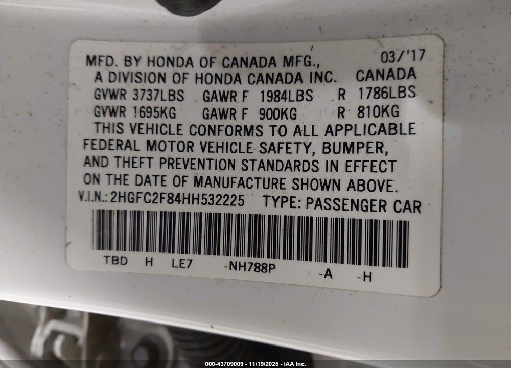2017 HONDA CIVIC EX VIN: 2HGFC2F84HH532225