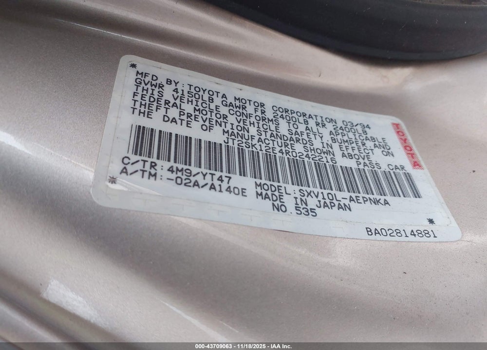 1994 TOYOTA CAMRY LE VIN: JT2SK12E4R0242216
