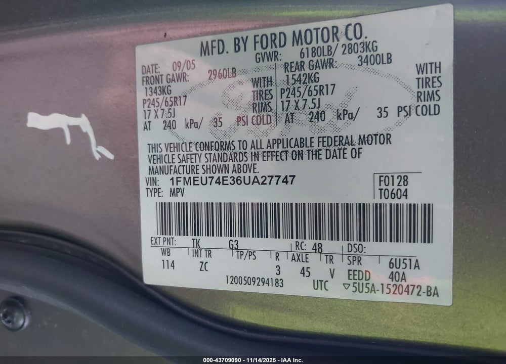 2006 FORD EXPLORER EDDIE BAUER VIN: 1FMEU74E36UA27747