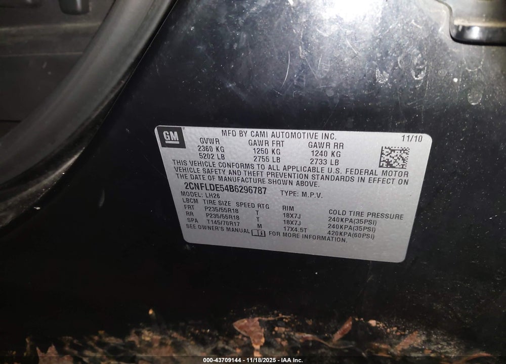 2011 CHEVROLET EQUINOX VIN: 2CNFLDE54B6296787
