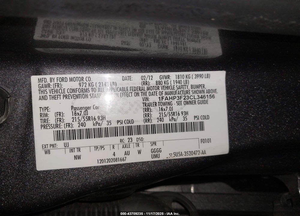 2012 FORD FOCUS SE VIN: 1FAHP3F23CL346156