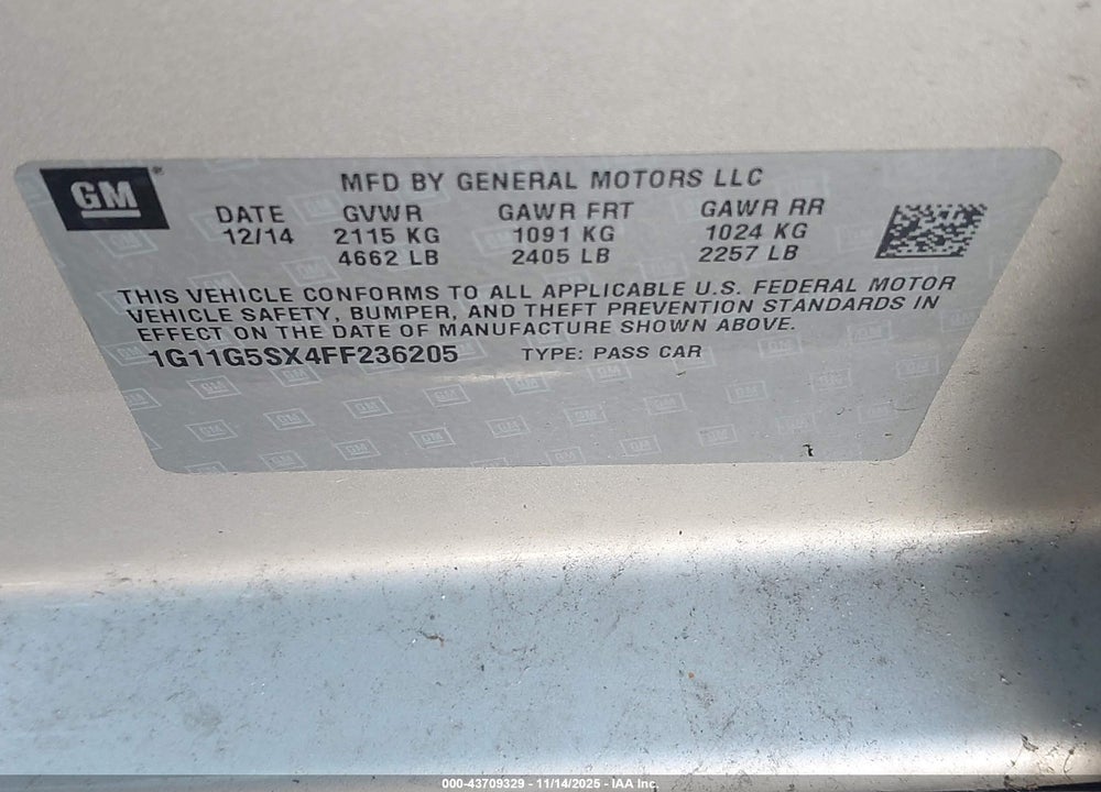2015 CHEVROLET MALIBU 2LZ VIN: 1G11G5SX4FF236205