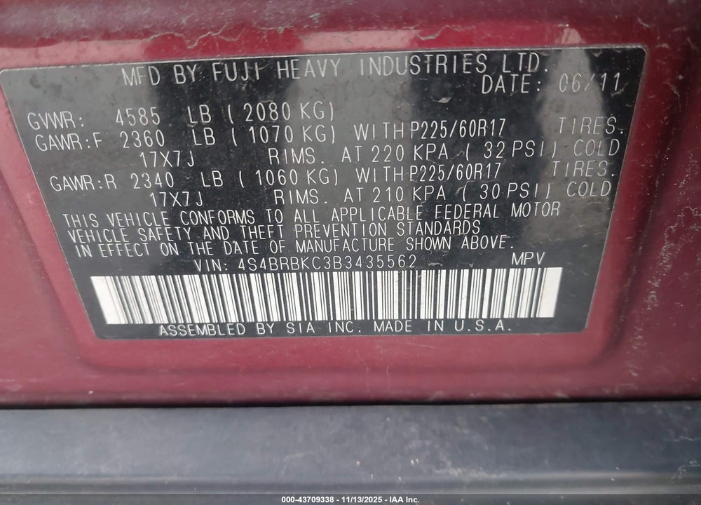 2011 SUBARU OUTBACK 2.5I LIMITED VIN: 4S4BRBKC3B3435562