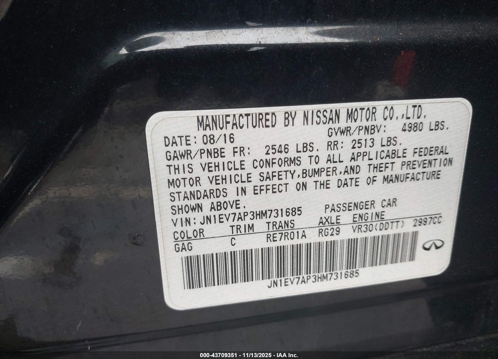 2017 INFINITI Q50 3.0T PREMIUM VIN: JN1EV7AP3HM731685