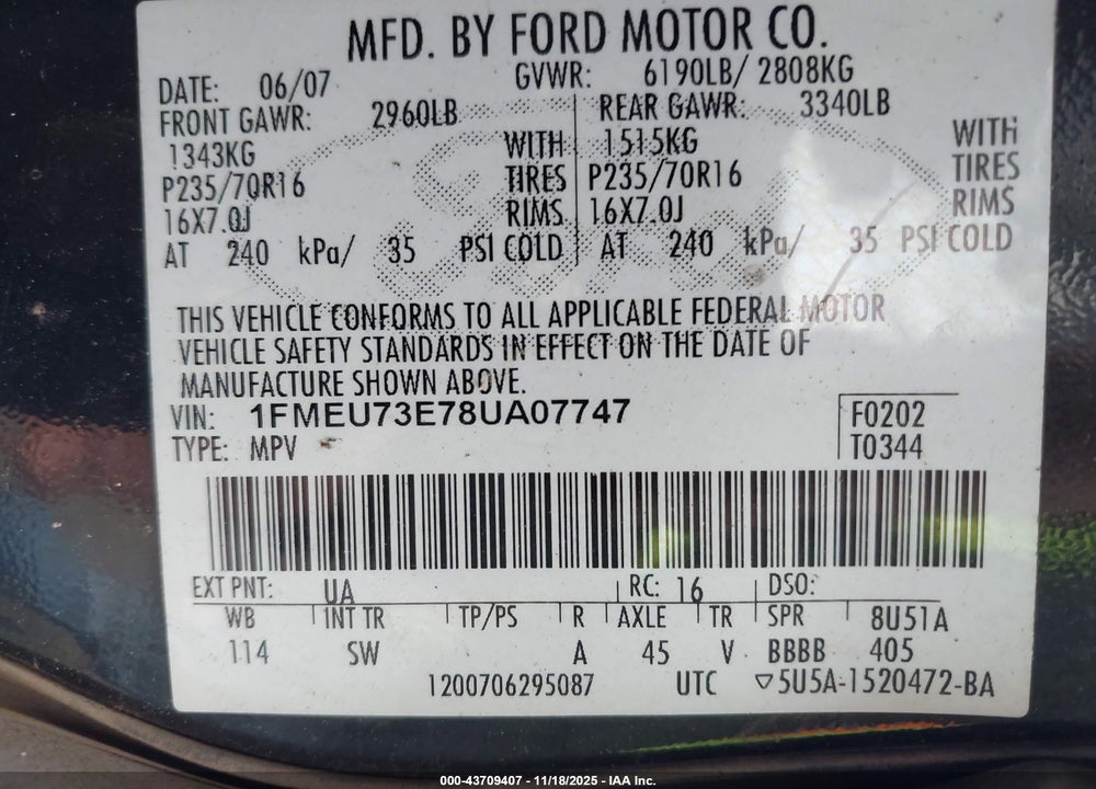2008 FORD EXPLORER XLT VIN: 1FMEU73E78UA07747