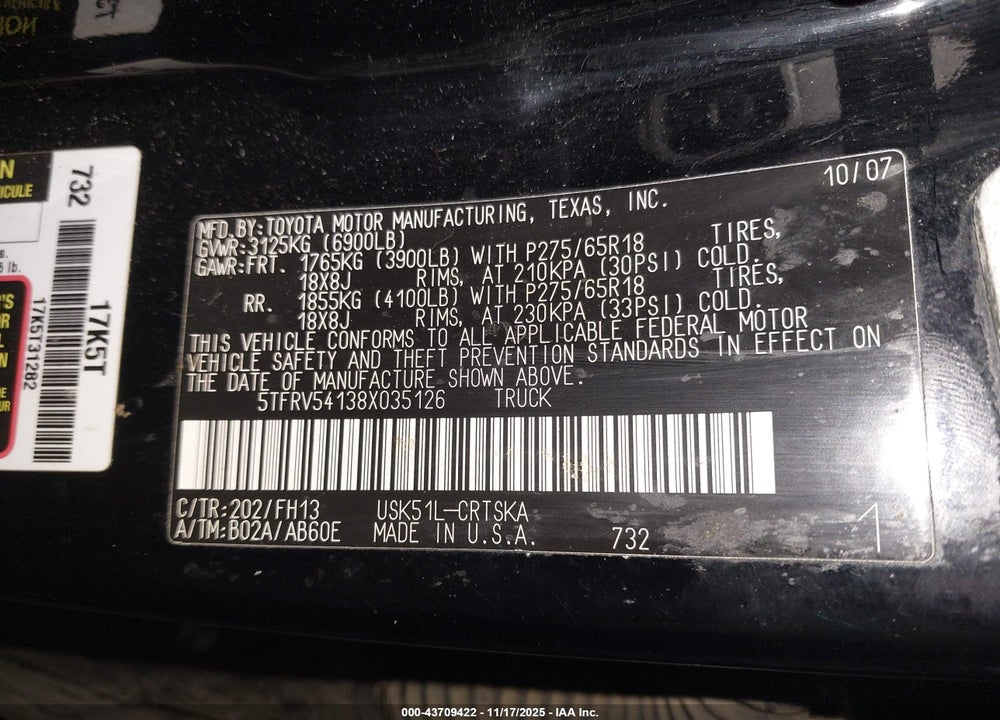 2008 TOYOTA TUNDRA SR5 5.7L V8 VIN: 5TFRV54138X035126