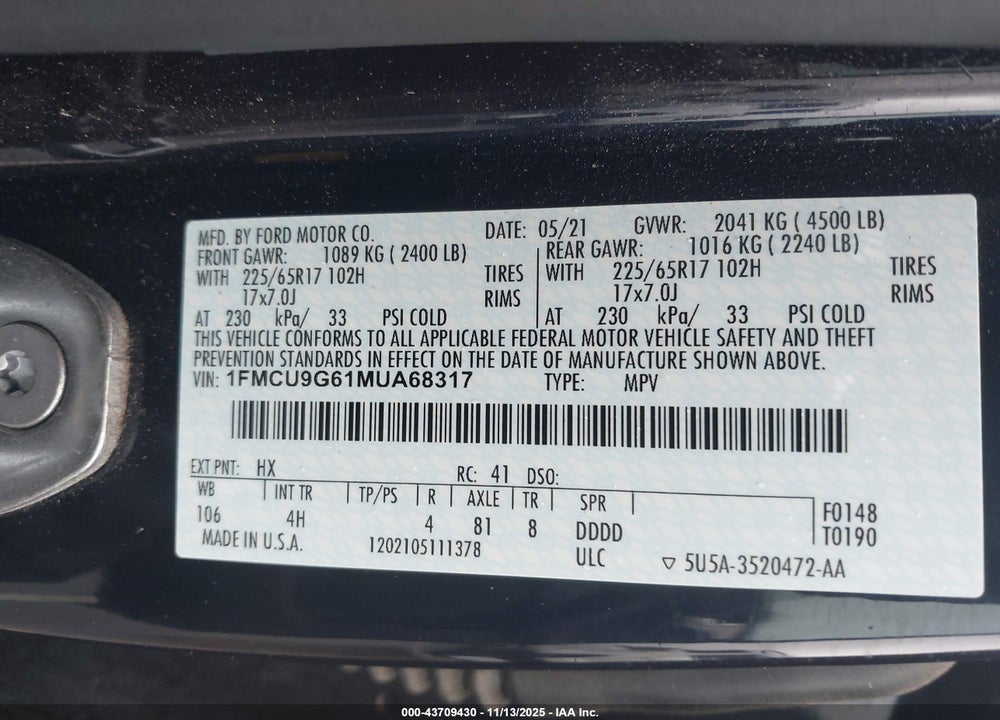 2021 FORD ESCAPE SE VIN: 1FMCU9G61MUA68317