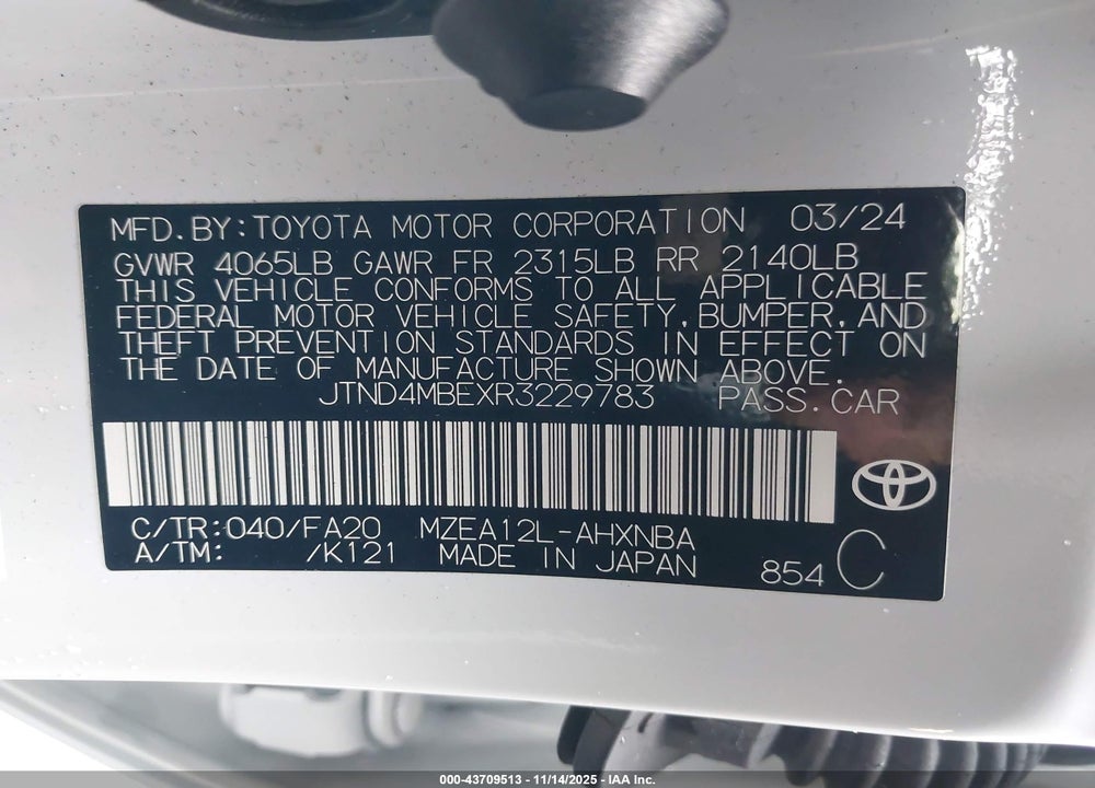 2024 TOYOTA COROLLA SE VIN: JTND4MBEXR3229783