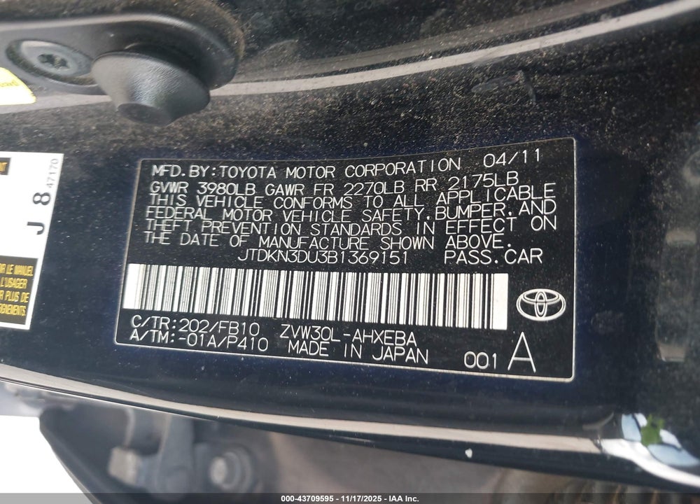 2011 TOYOTA PRIUS VIN: JTDKN3DU3B1369151