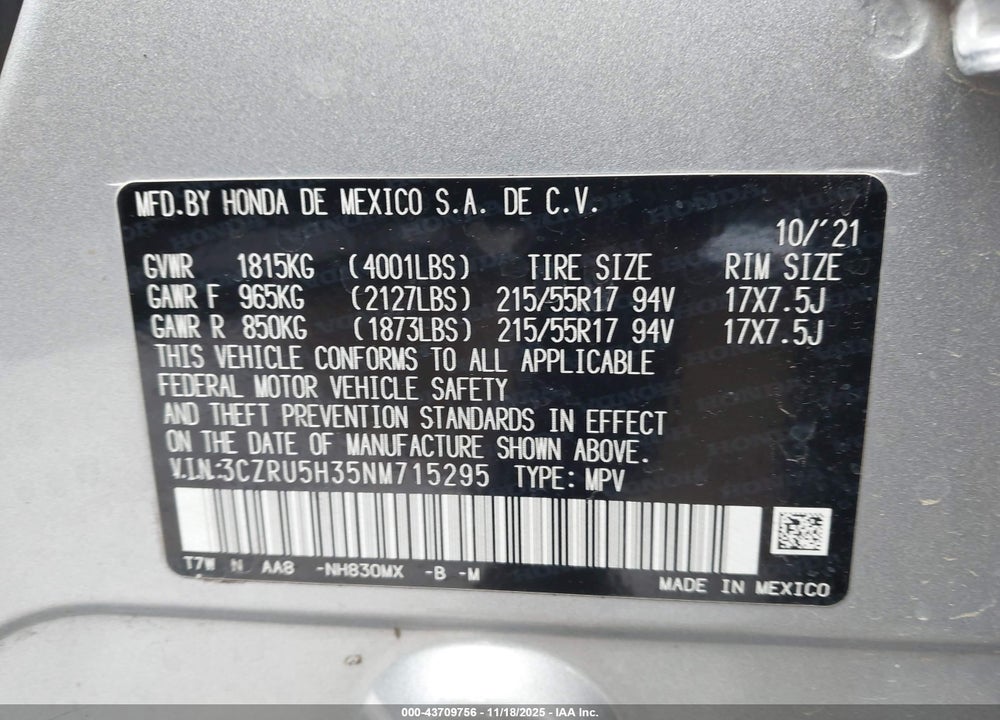 2022 HONDA HR-V 2WD LX VIN: 3CZRU5H35NM715295