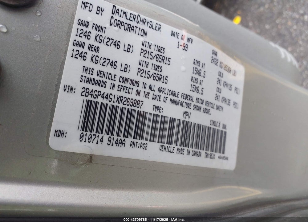 1999 DODGE GRAND CARAVAN SE VIN: 2B4GP44G1XR269887