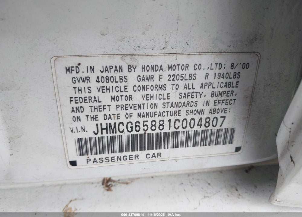2001 HONDA ACCORD 2.3 EX VIN: JHMCG65881C004807