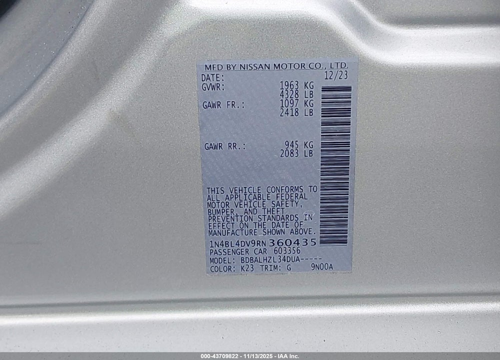 2024 NISSAN ALTIMA SV FWD VIN: 1N4BL4DV9RN360435
