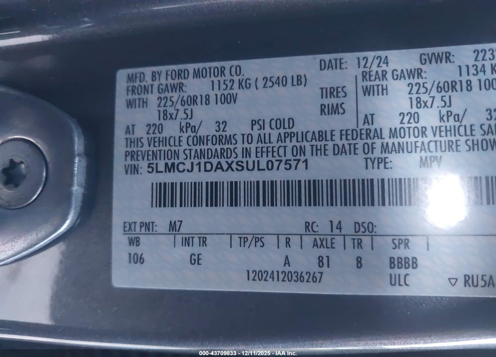 2025 LINCOLN CORSAIR PREMIERE VIN: 5LMCJ1DAXSUL07571