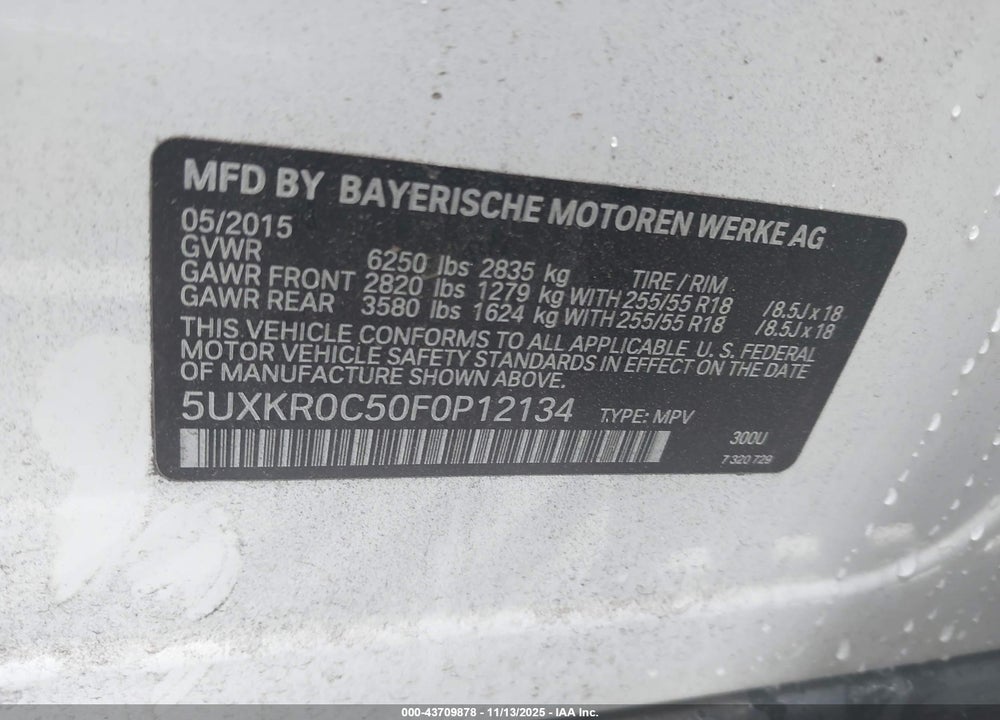 2015 BMW X5 XDRIVE35I VIN: 5UXKR0C50F0P12134