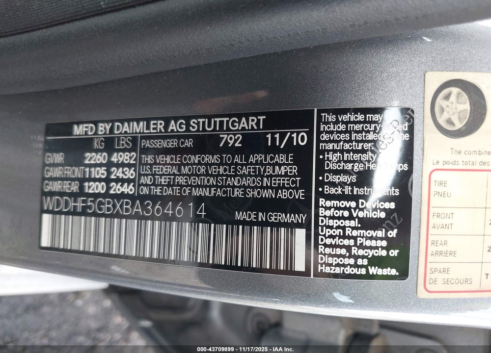 2011 MERCEDES-BENZ E-CLASS VIN: WDDHF5GBXBA364614