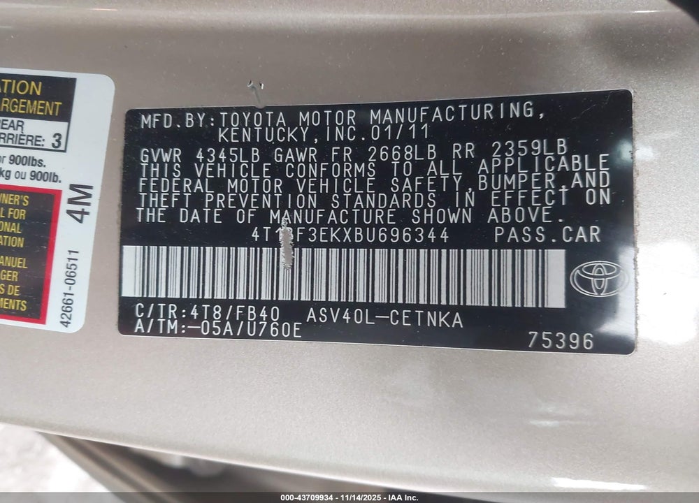2011 TOYOTA CAMRY LE VIN: 4T1BF3EKXBU696344