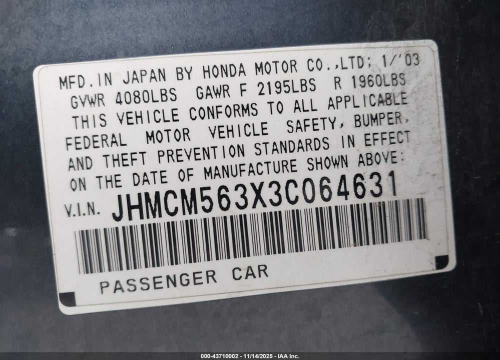 2003 HONDA ACCORD 2.4 LX VIN: JHMCM563X3C064631