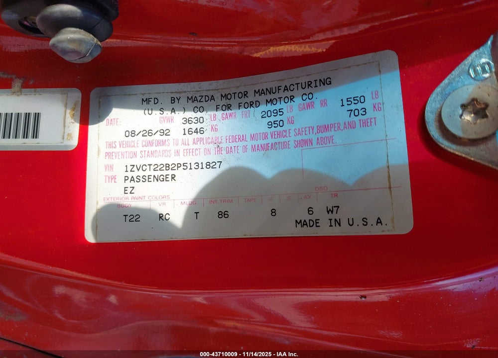 1993 FORD PROBE GT VIN: 1ZVCT22B2P5131827