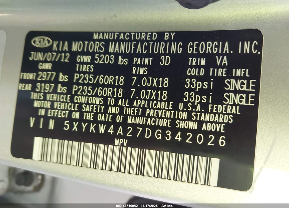 2013 KIA SORENTO SX VIN: 5XYKW4A27DG342026