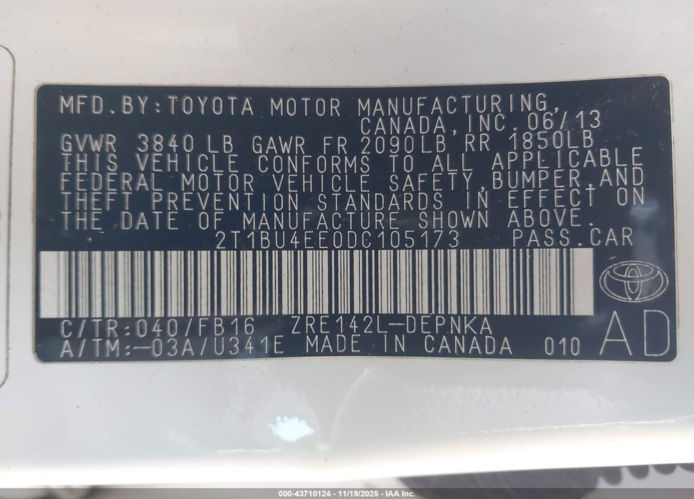 2013 TOYOTA COROLLA LE VIN: 2T1BU4EE0DC105173