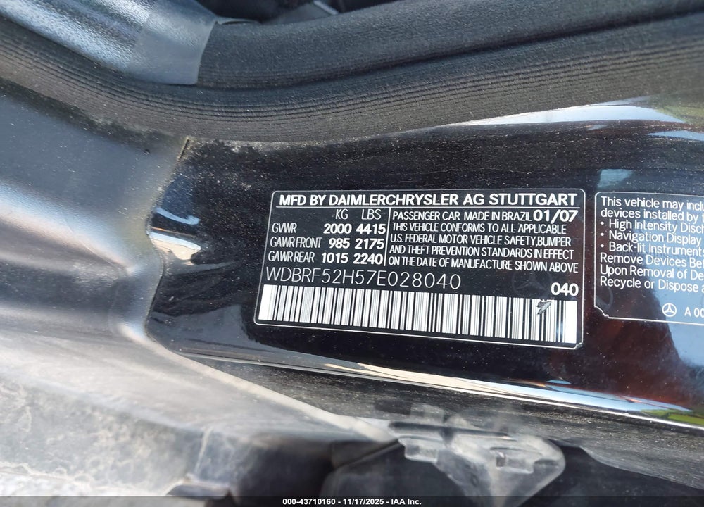 2007 MERCEDES-BENZ C 230 SPORT VIN: WDBRF52H57E028040
