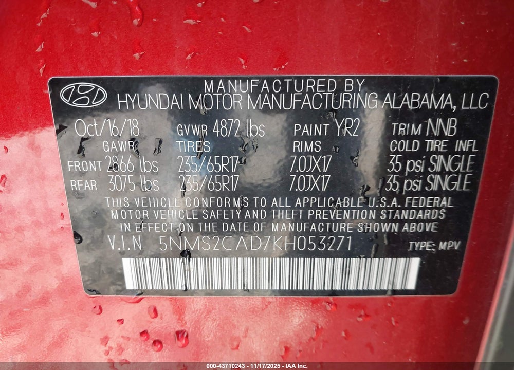 2019 HYUNDAI SANTA FE SE VIN: 5NMS2CAD7KH053271