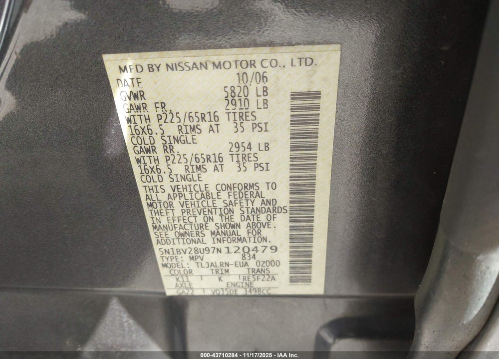2007 NISSAN QUEST 3.5 VIN: 5N1BV28U97N120479