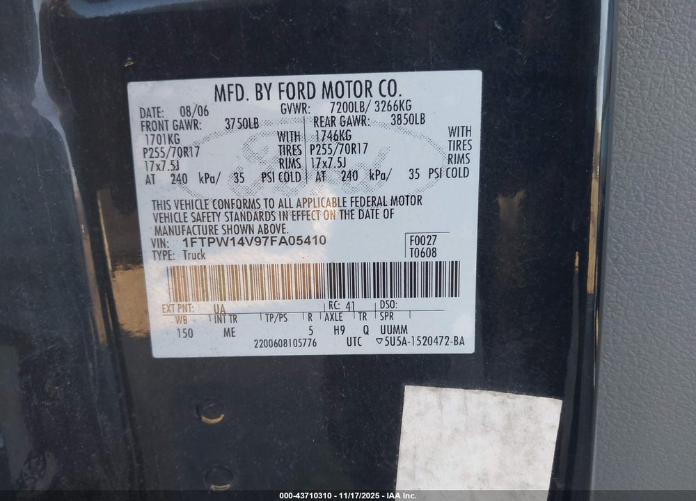 2007 FORD F-150 FX4/LARIAT/XLT VIN: 1FTPW14V97FA05410