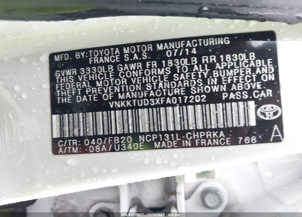 2015 TOYOTA YARIS LE VIN: VNKKTUD3XFA017202