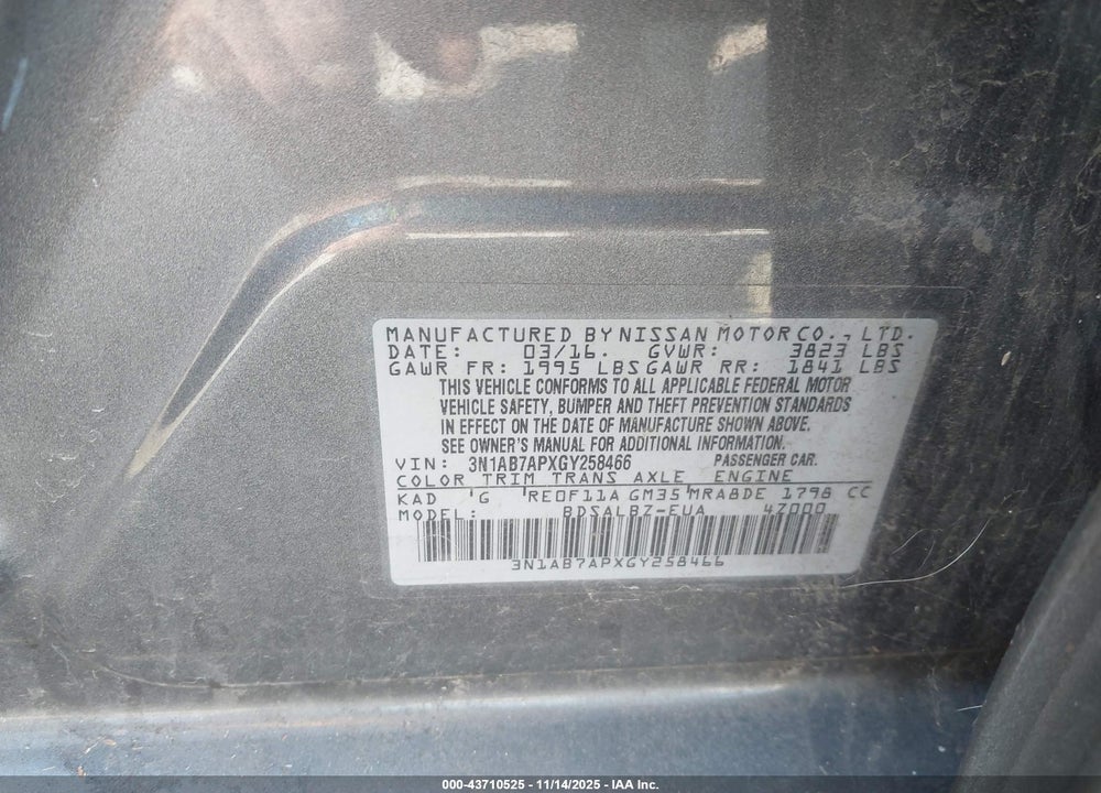 2016 NISSAN SENTRA S VIN: 3N1AB7APXGY258466