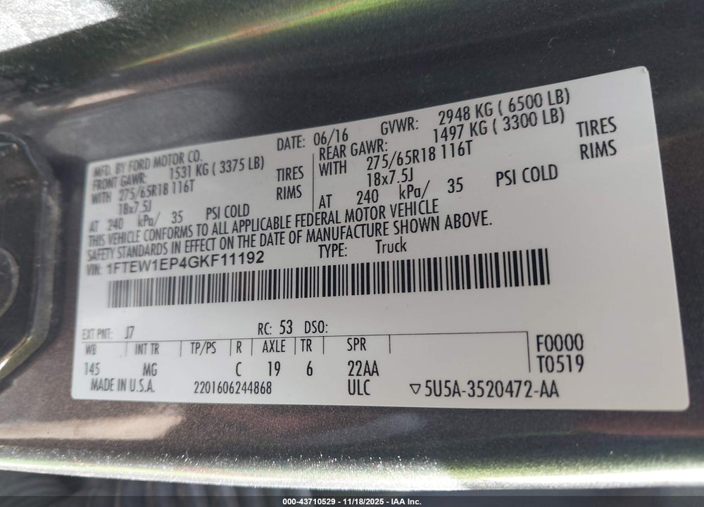 2016 FORD F-150 XLT VIN: 1FTEW1EP4GKF11192