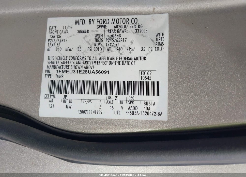 2008 FORD EXPLORER SPORT TRAC XLT VIN: 1FMEU31E28UA56091