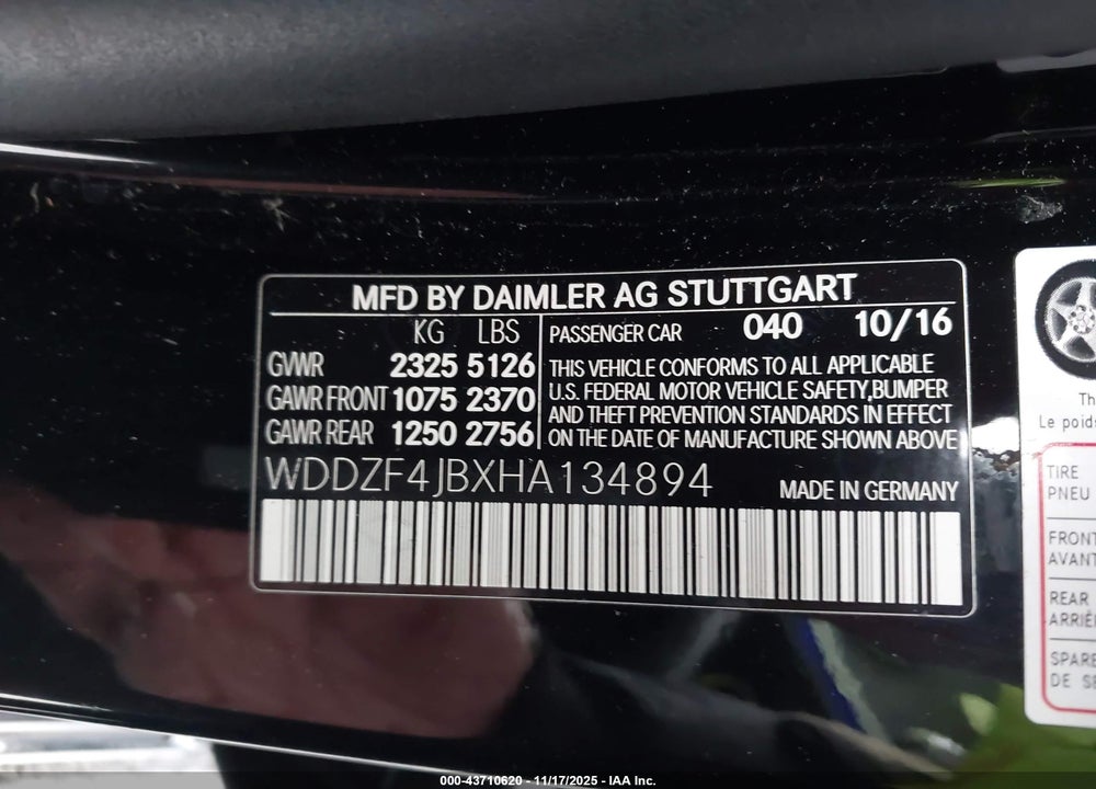2017 MERCEDES-BENZ E 300 VIN: WDDZF4JBXHA134894