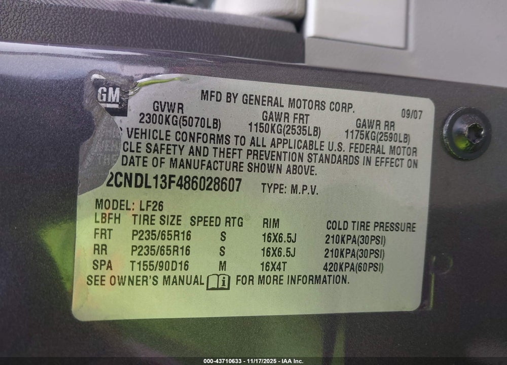2008 CHEVROLET EQUINOX LS VIN: 2CNDL13F486028607