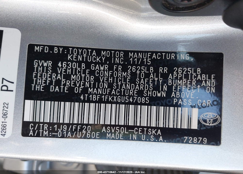 2016 TOYOTA CAMRY SE VIN: 4T1BF1FKXGU547085