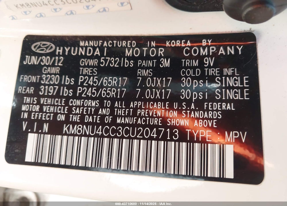2012 HYUNDAI VERACRUZ GLS VIN: KM8NU4CC3CU204713