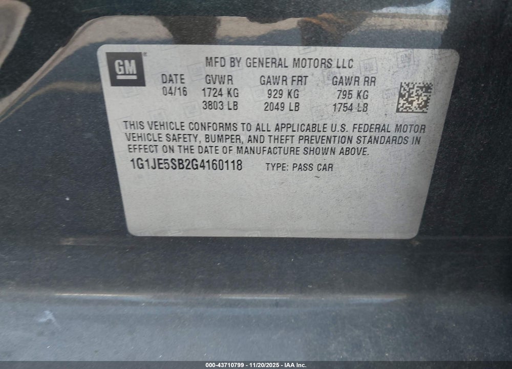 2016 CHEVROLET SONIC LTZ AUTO VIN: 1G1JE5SB2G4160118