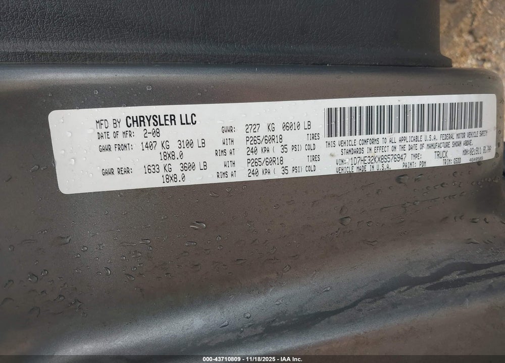 2008 DODGE DAKOTA VIN: 1D7HE32KX8S576947
