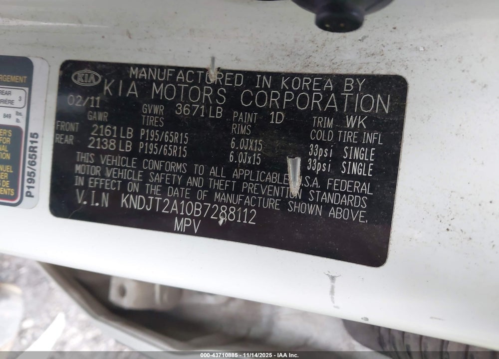 2011 KIA SOUL VIN: KNDJT2A10B7288112
