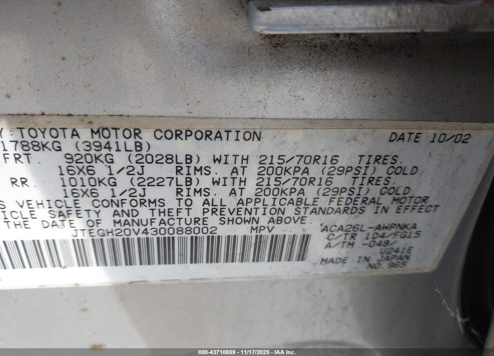 2003 TOYOTA RAV4 VIN: JTEGH20V430088002
