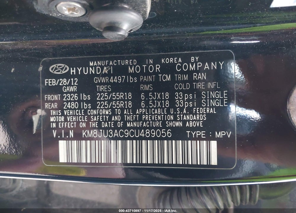 2012 HYUNDAI TUCSON VIN: KM8JU3AC9CU489056