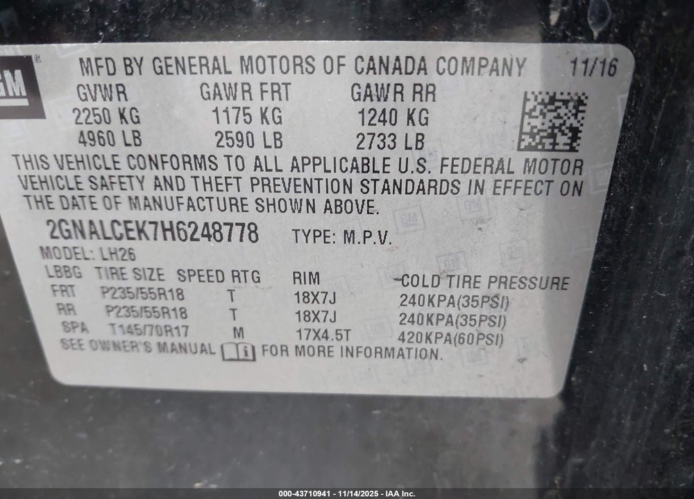 2017 CHEVROLET EQUINOX LT VIN: 2GNALCEK7H6248778