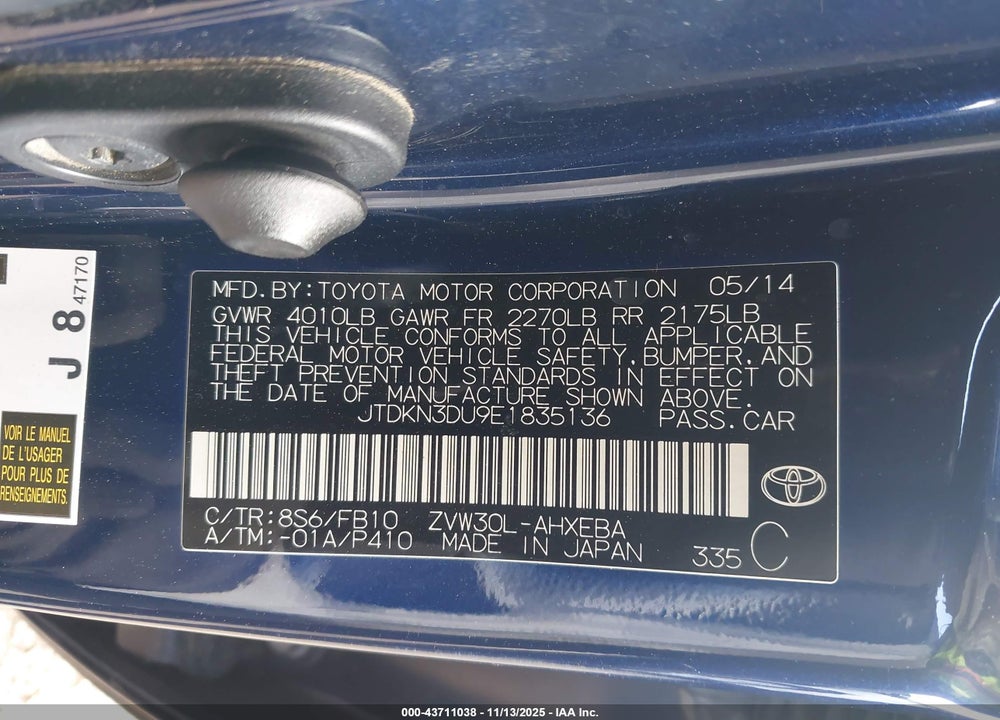 2014 TOYOTA PRIUS TWO VIN: JTDKN3DU9E1835136